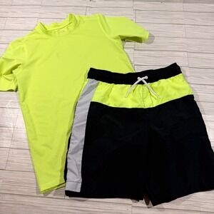 The Childrens Place Boys Neon Yellow Rash Guard and Swim Trunks Set Size 16 XXL
